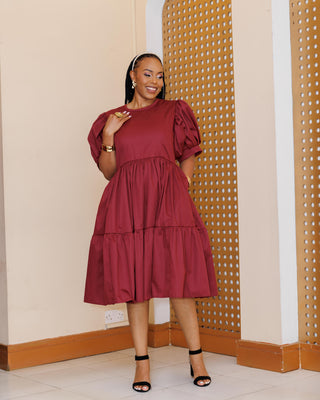 Kaseve Cotton Knee Length Dress - Burgundy