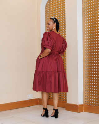 Kaseve Cotton Knee Length Dress - Burgundy