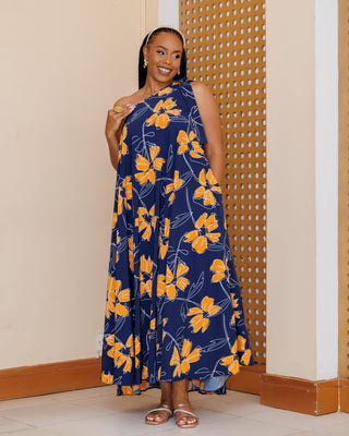Kibos Maxi Dress - Blue/Mustard Print