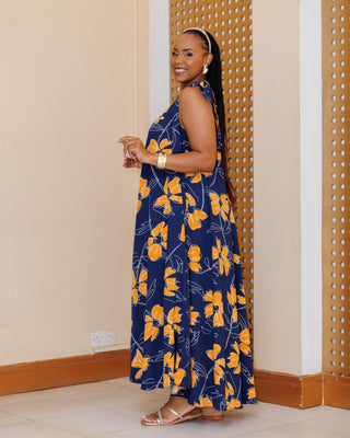 Kibos Maxi Dress - Blue/Mustard Print