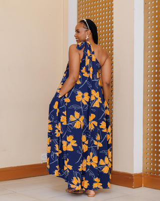 Kibos Maxi Dress - Blue/Mustard Print
