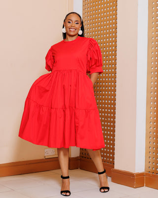 Kaseve Cotton Knee Length Dress - Red