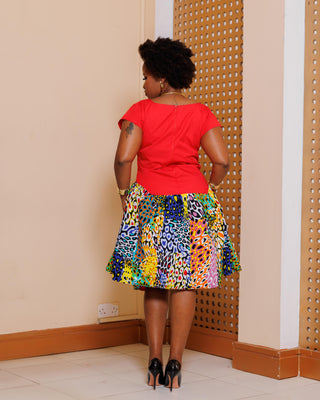 Uruku Ankara Knee Length Dress - Red/Multi