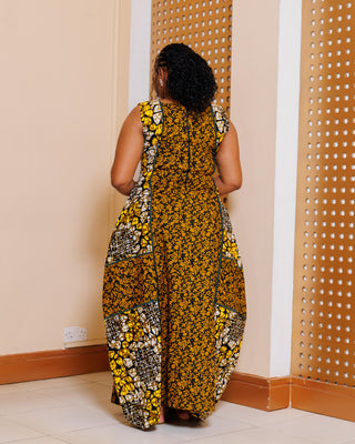 Kanyekine Ankara Maxi Dress - Brown/Yellow