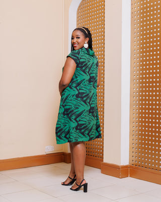 Keeru Knee Length Dress - Dark Green Print
