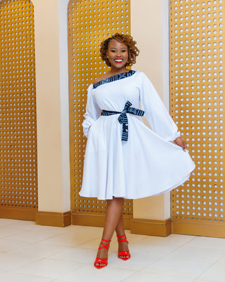 Ankara Mawego Dress- White – Olakira Craft - Main Image