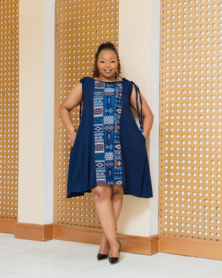 Emuny Ankara Knee Dress- Navy Blue