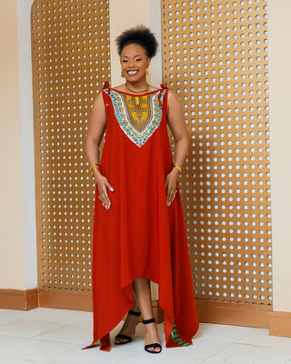Enchoro Ankara Maxi Dress- Burnt Orange/Fire Brown