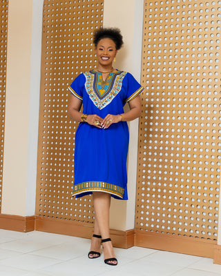 Emali Ankara Knee Dress- Royal Blue