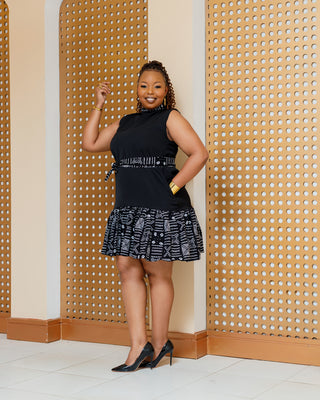 Kithini Ankara Knee Dress- Black