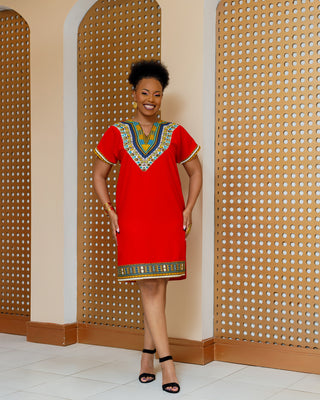 Emali Ankara Knee Dress- Red