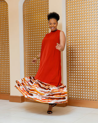 Kithini Ankara Maxi Dress- Burnt Orange/Fire Brown