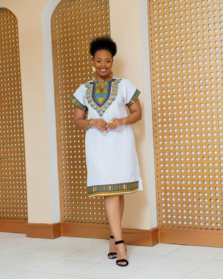 Emali Ankara Knee Dress- White