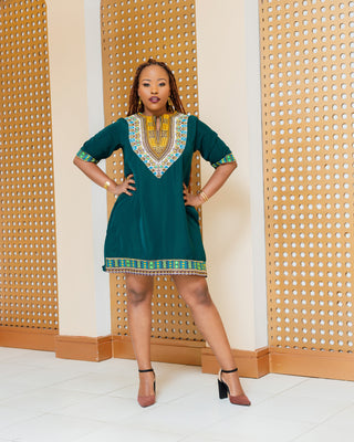 Emali Ankara Knee Dress- Emerald Green