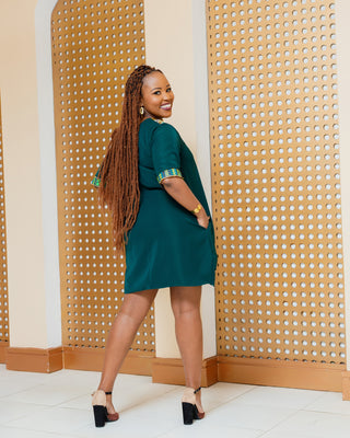 Emali Ankara Knee Dress- Emerald Green
