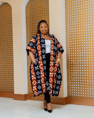 Ilmao Poncho Ankara - Black/White/Orange Print