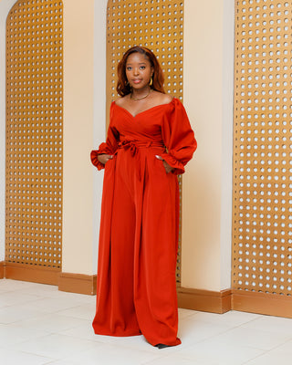 Asumbi Full Set (Wrap Top+Palazzo)- Burnt Orange/Fire Brown