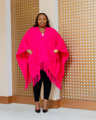 Iltilal Hand Knitted Poncho - Hot Pink