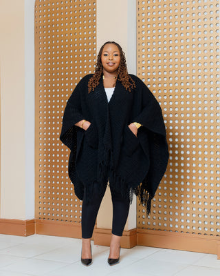 Iltilal Hand Knitted Poncho - Black