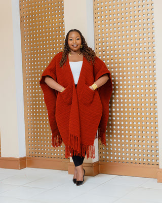 Iltilal Hand Knitted Poncho - Burnt Orange/Fire Brown