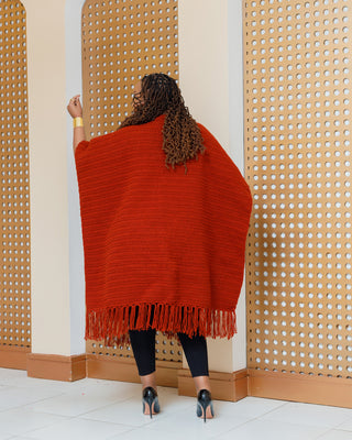 Iltilal Hand Knitted Poncho - Burnt Orange/Fire Brown