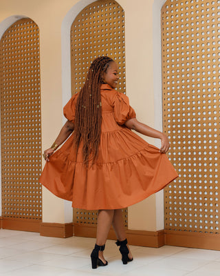 Banda Cotton Shirt Knee Dress - Fire Brown