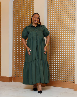 Banda Cotton Shirt Maxi Dress - Jungle Green
