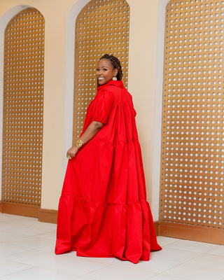 Banda Cotton Shirt Maxi Dress - Red