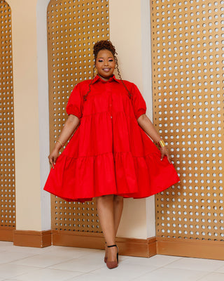 Banda Cotton Shirt Knee Dress - Red