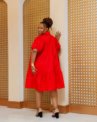 Banda Cotton Shirt Knee Dress - Red