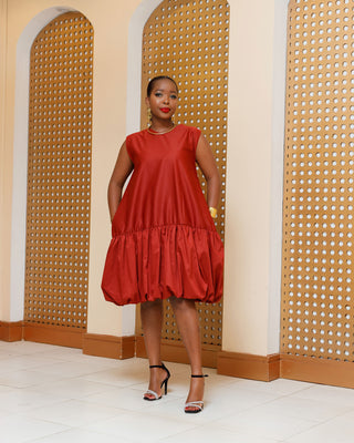 Bania Cotton Knee Dress - Fire Brown