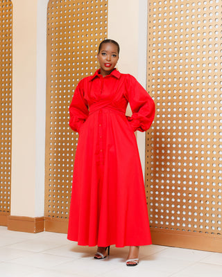 Barani Cotton Shirt Maxi Dress - Red