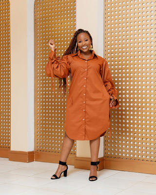 Bajumali Cotton Knee Dress - Fire Brown