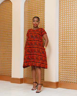 Emunali Ankara Knee Dress - Orange