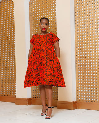 Emunali Ankara Knee Dress - Red