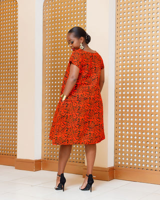 Emunali Ankara Knee Dress - Red