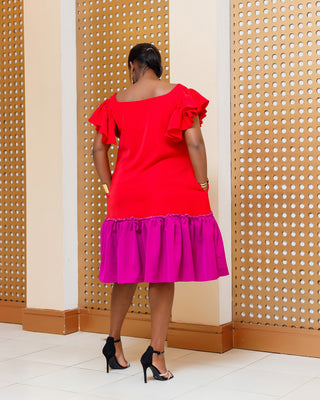Burgich Knee Dress - Red/Fuchsia