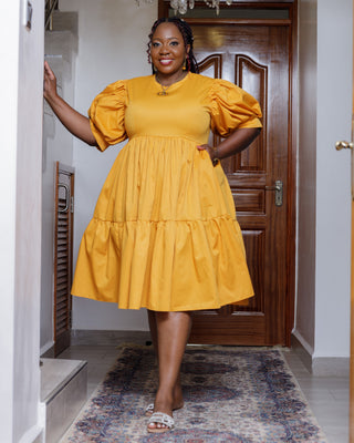 Kaseve Cotton Knee Dress - Mustard Yellow