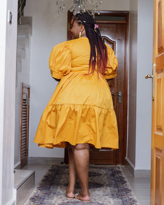 Kaseve Cotton Knee Dress - Mustard Yellow