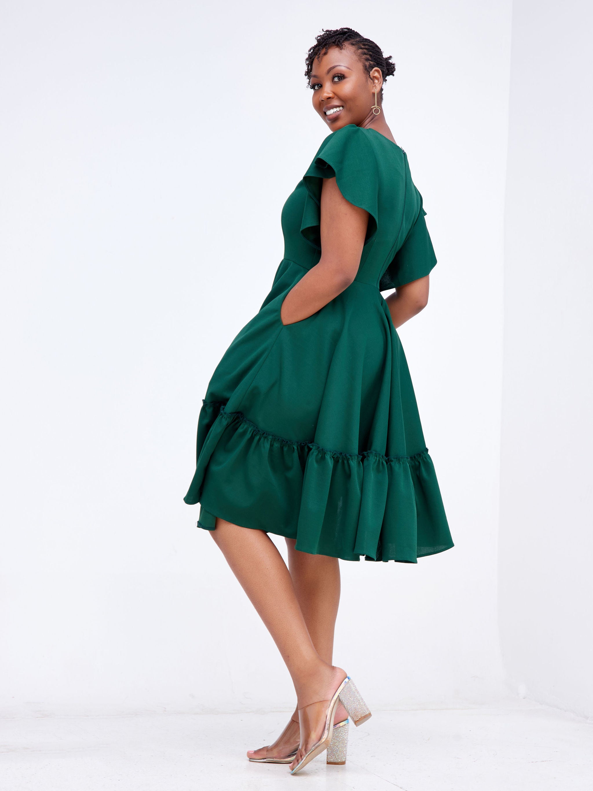 Emerald green ruffle best sale dress