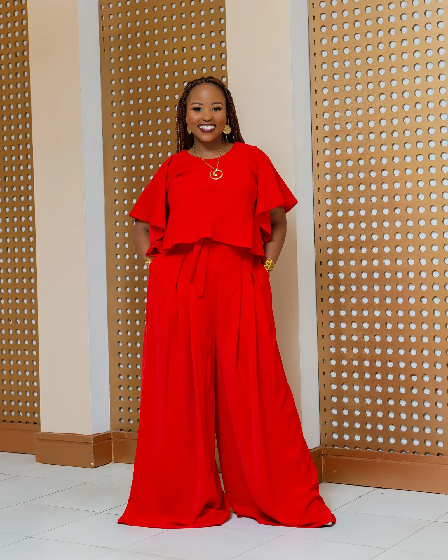 [Red] Asumbi Crop Set (Palazzo +Crop Top ) Red (2XS)