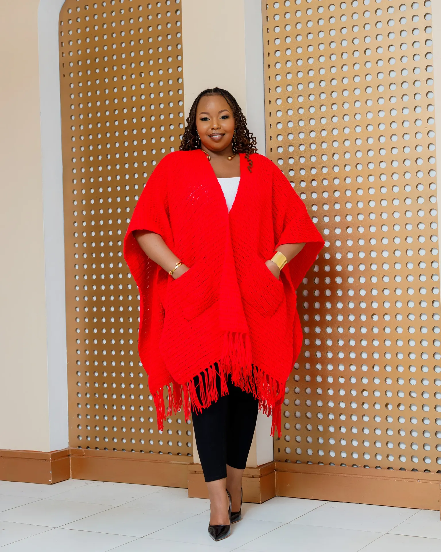 [RED] Iltilal Hand Knitted Poncho - Red