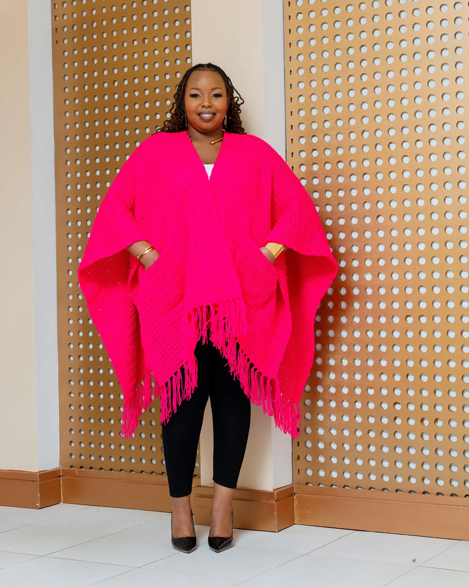 [HOT PINK] Iltilal Hand Knitted Poncho - Hot Pink