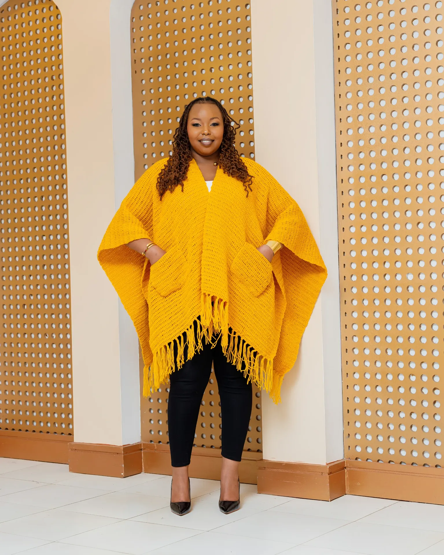 [MUSTARD YELLOW] Iltilal Hand Knitted Poncho - Mustard Yellow