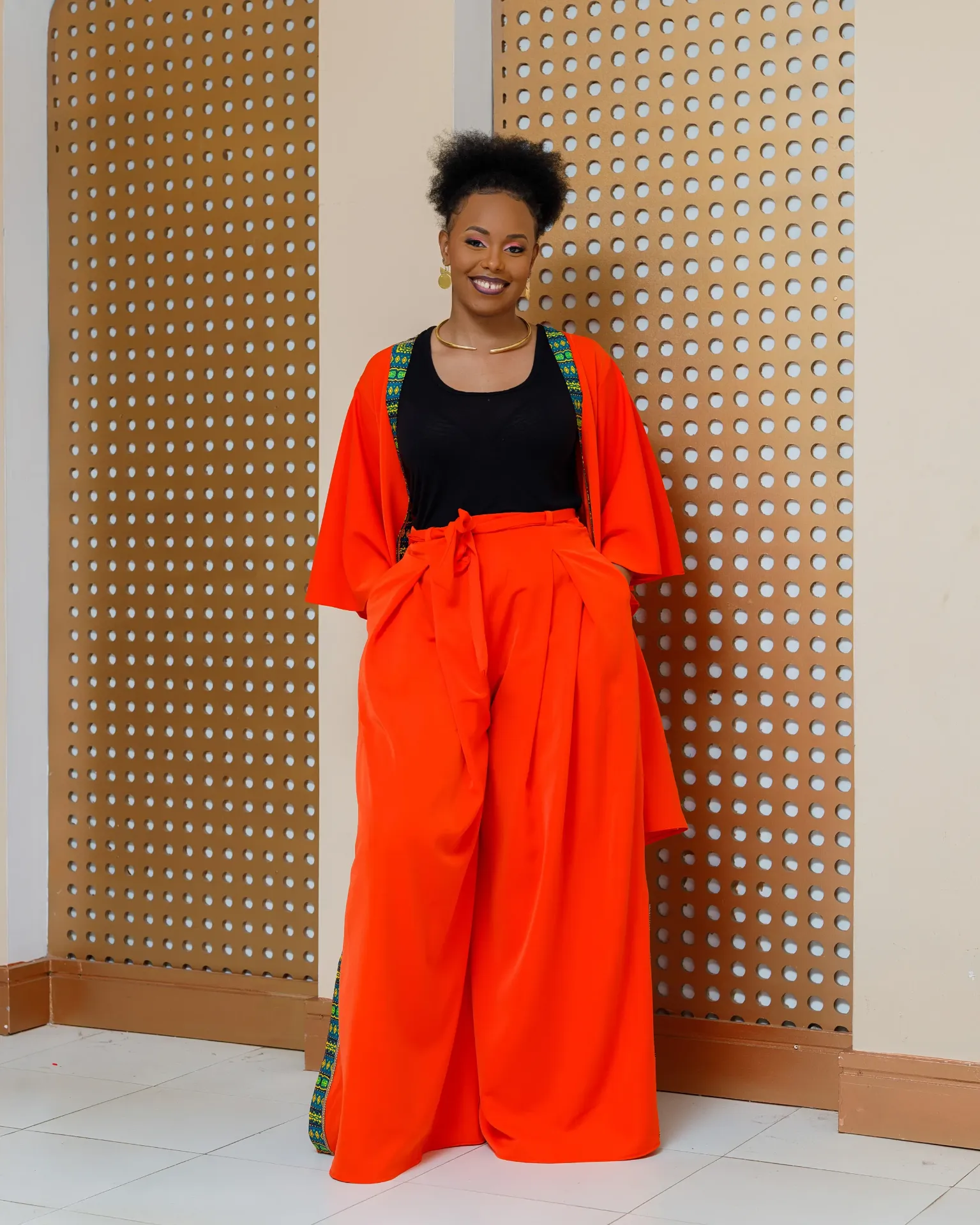 [ORANGE] Enchoro Full Set (Kimono + Palazzo Pants) - Bright Orange (2XS)