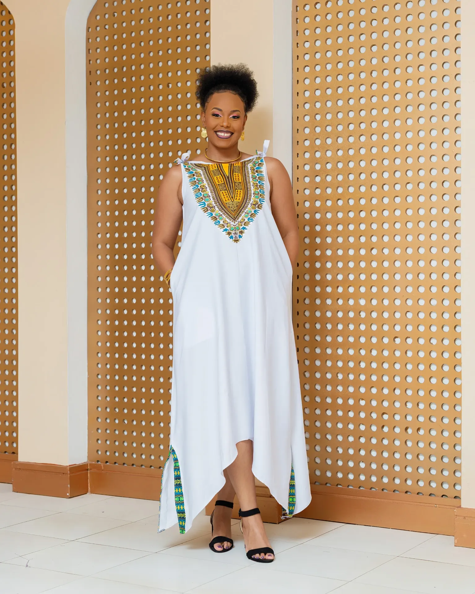 Enchoro Ankara Maxi Dress- White
