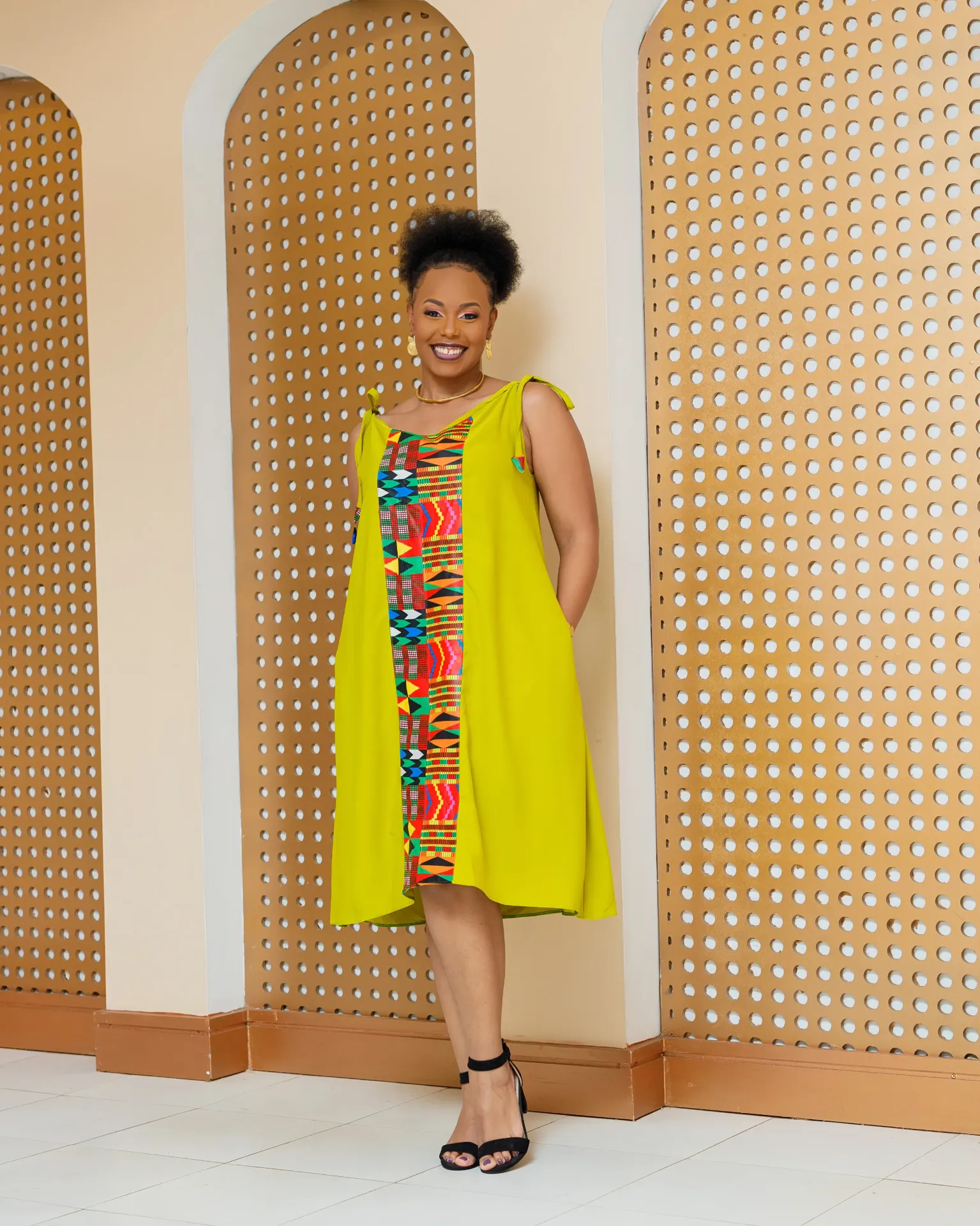 [GREEN] Emuny Ankara Knee Dress- Lime Green (2XS)