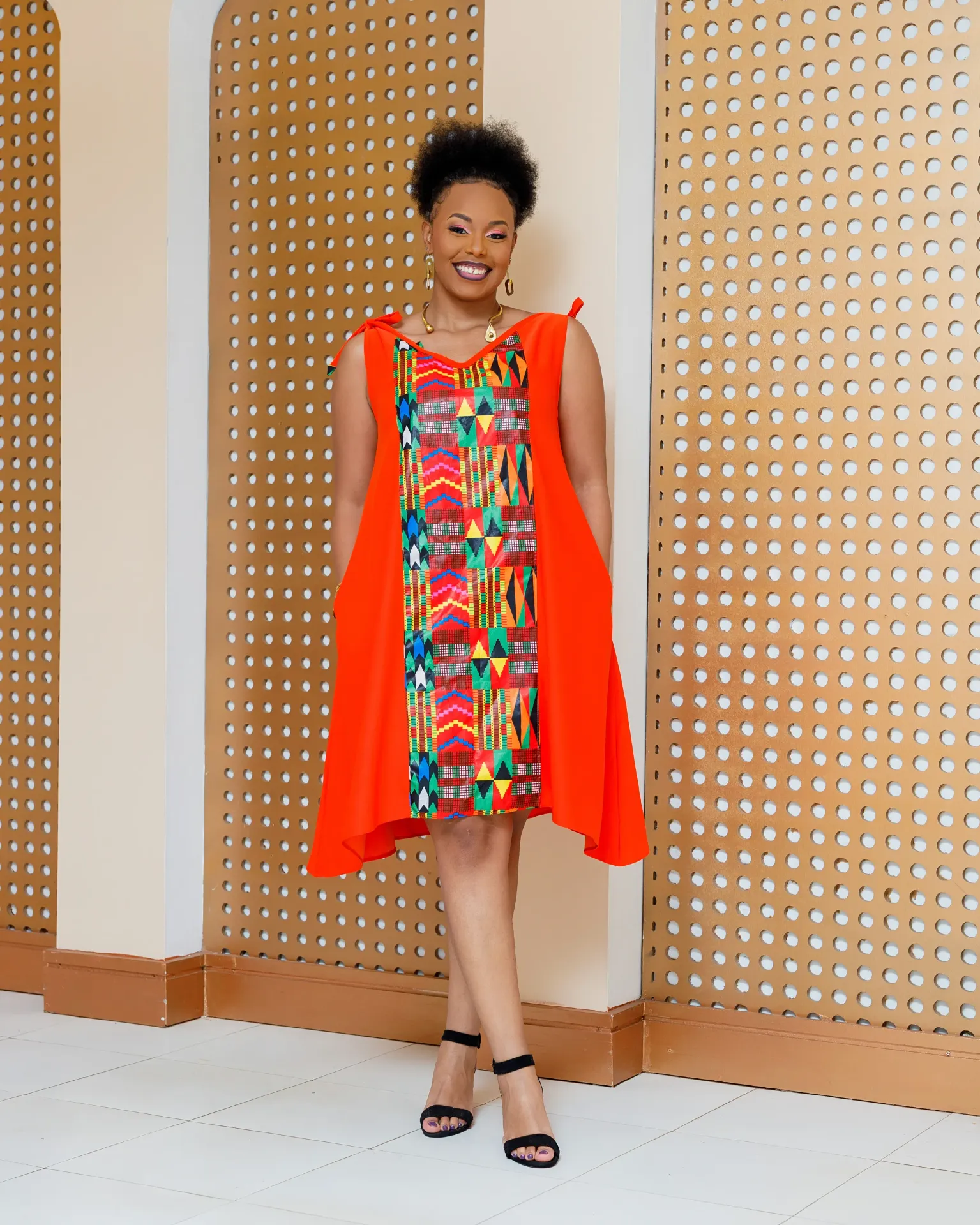 [ORANGE] Emuny Ankara Knee Dress- Orange (2XS)