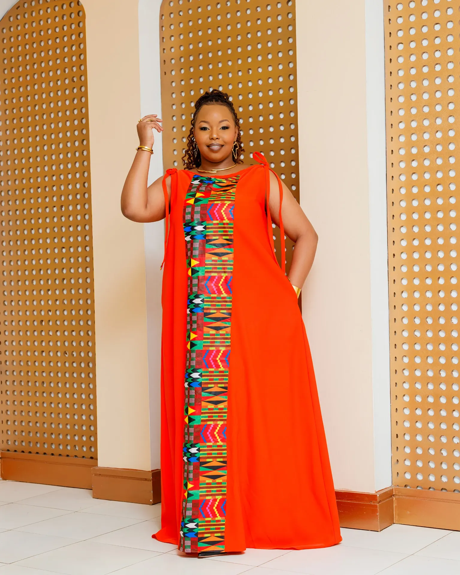 [ORANGE] Emuny Ankara Maxi Dress- Orange (2XS)