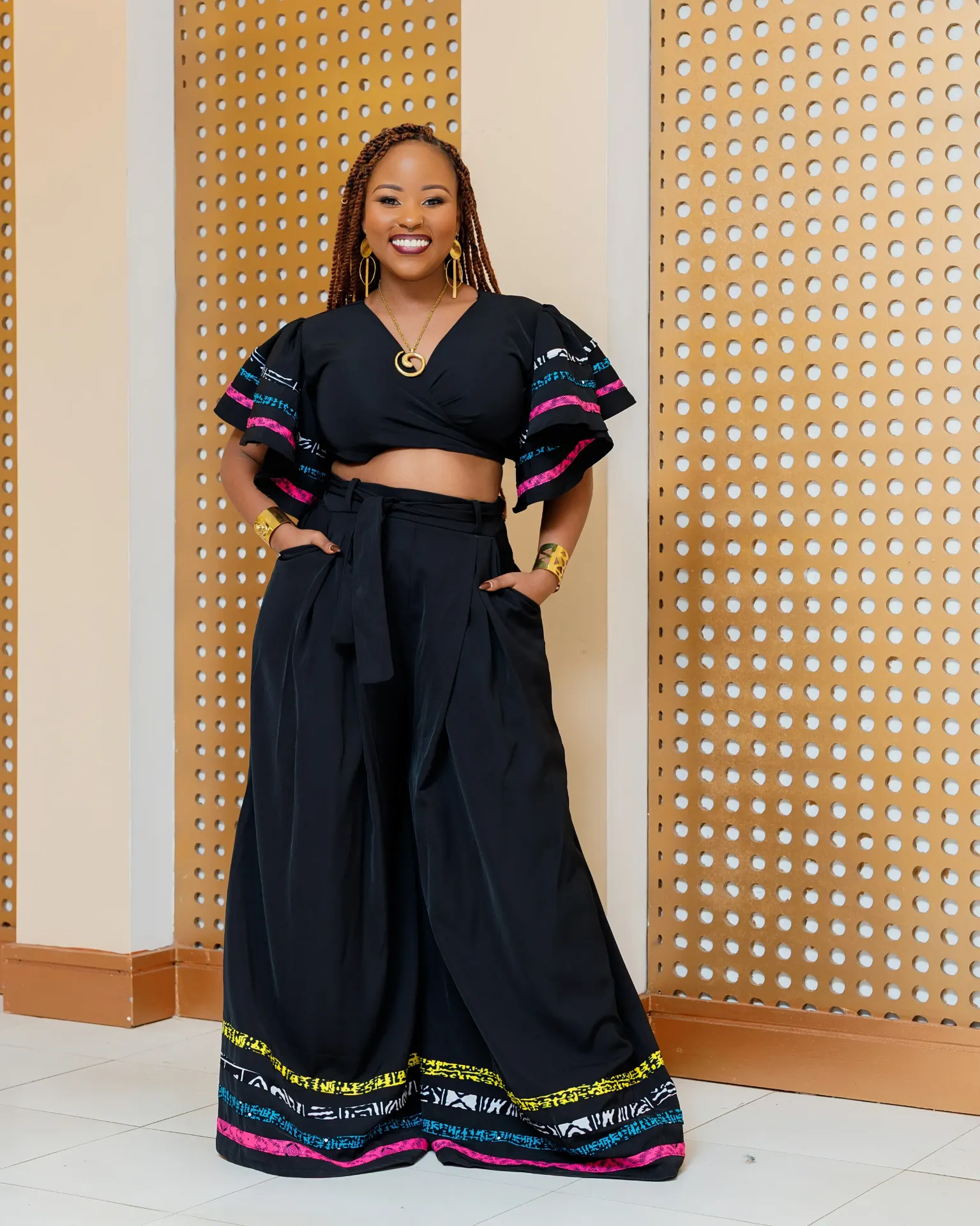 [BLACK] Nafoyo Ankara Palazzo ONLY WITHOUT Top - Black/Multi Print (2XS)